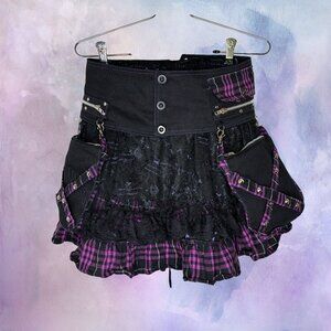 Lolita Charm Black Lace & Purple Plaid Petticoat Mini Skirt & Belt Set
